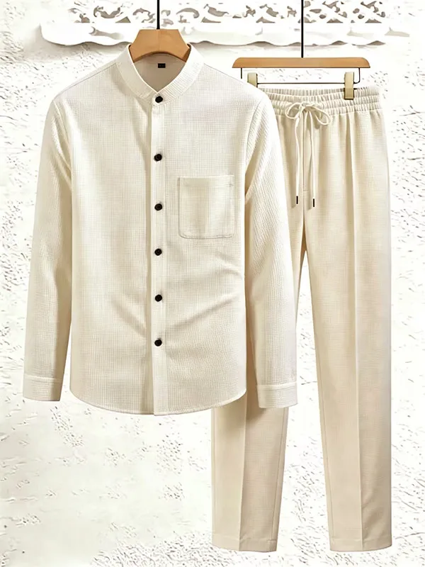 

Men's Spring and Autumn Top New Solid Color Button Pocket Shirt Men's Casual Shirt Short Sleeve Pants Set