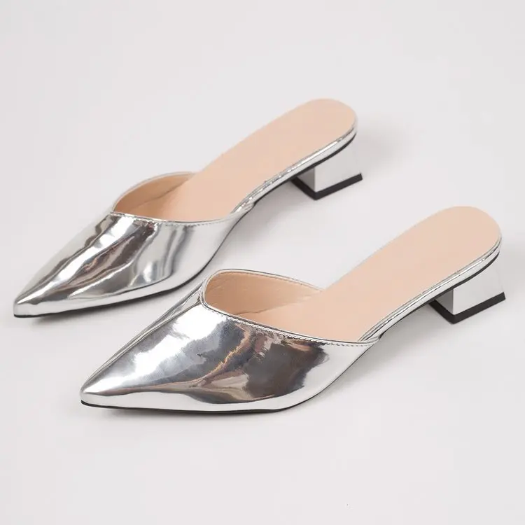 Spitze Damen-Mules, Modische Gold- und Silber-Sandalen, Elegante Kleider-Sandalen mit Quadratischem Niedrigem Absatz, Slip-On Schuhe für Damen – Detail 13