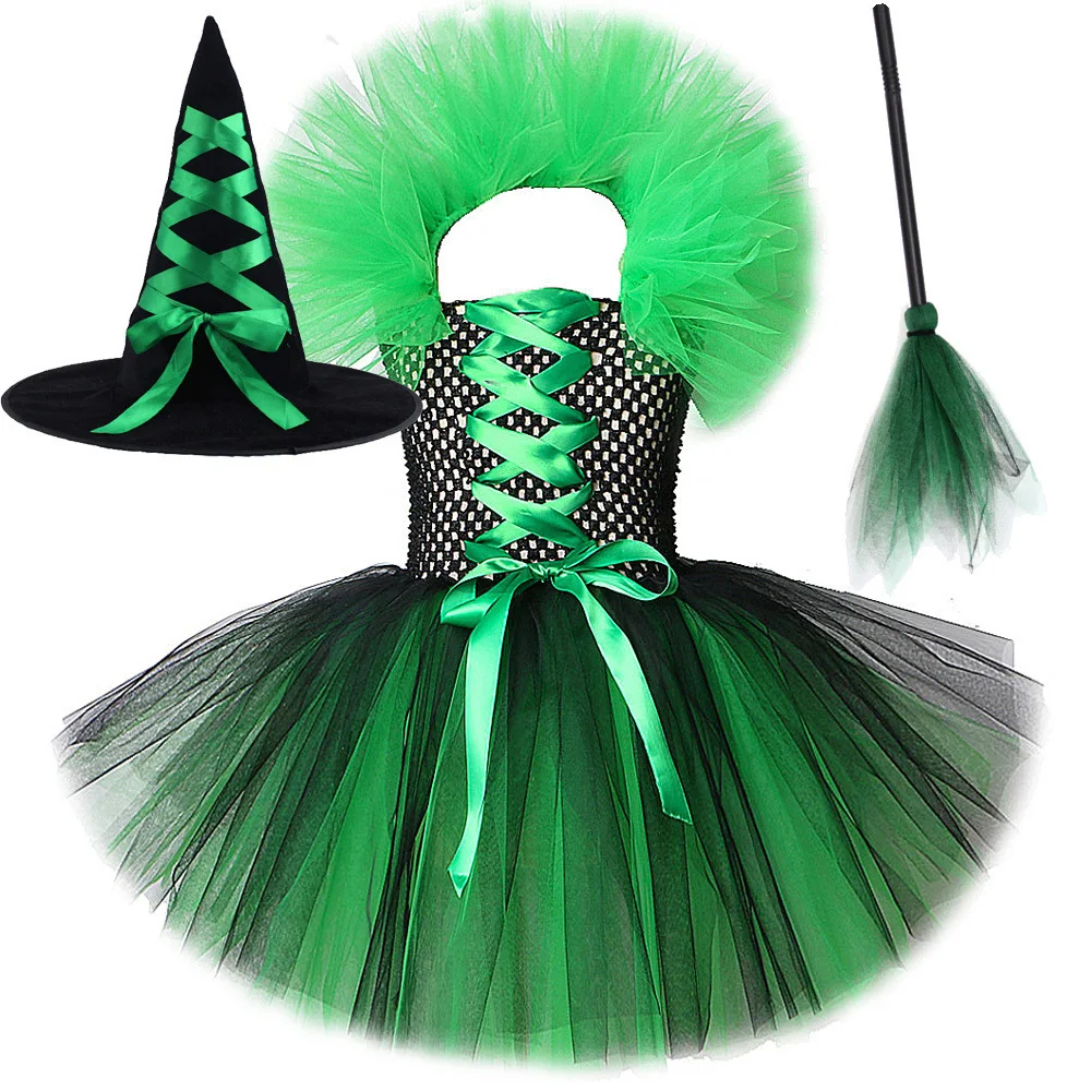 Green Black Witch Costumes for Girls Halloween Fancy Dresses for Kids Carnival Party Ballet Tutus Outfit with Magic Broom Hat