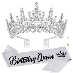 Silvery Birthday Queen Sash Tiaras Crowns for Women Girls Crystal Princess Tiara Rhinestone Headbands Quinceanera Happy Birthday