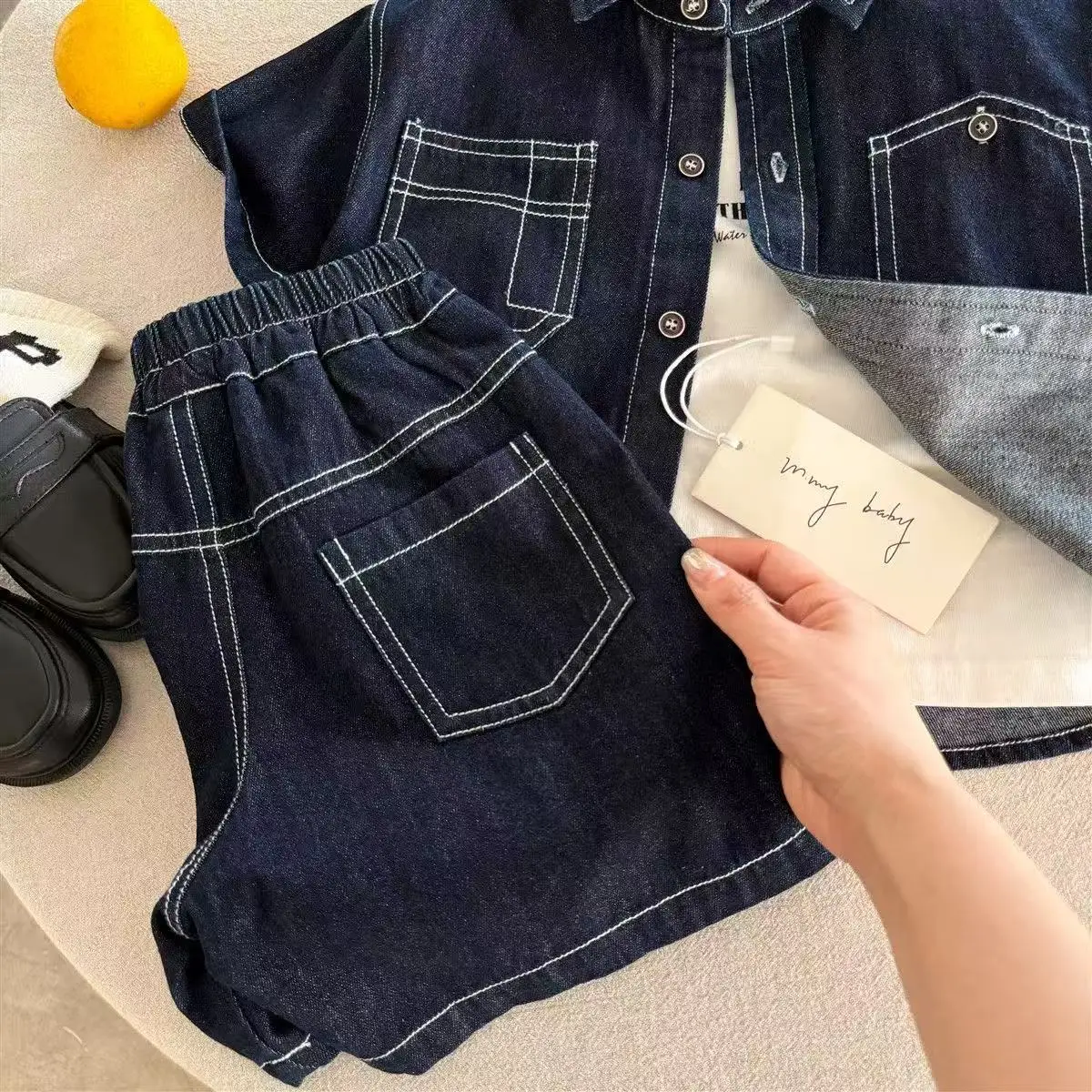 Girls Thin Shirt Set 12M-5Y Children's Denim Summer Two-piece Set for Boy 2026 Summer Kid Girl Bright Thread Shirt + Shorts Baby