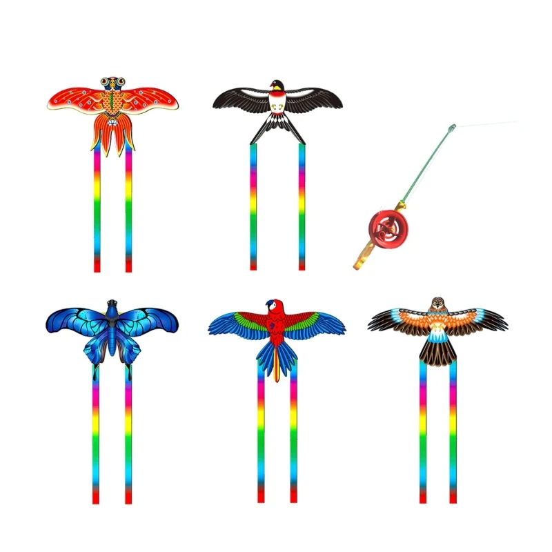 Q0KB Long Tail Dynamic Wing Kites with Fishing Rod Line Dynamic Swallow Kites Toy for Child Easy Flying Kites Outdoor Activity