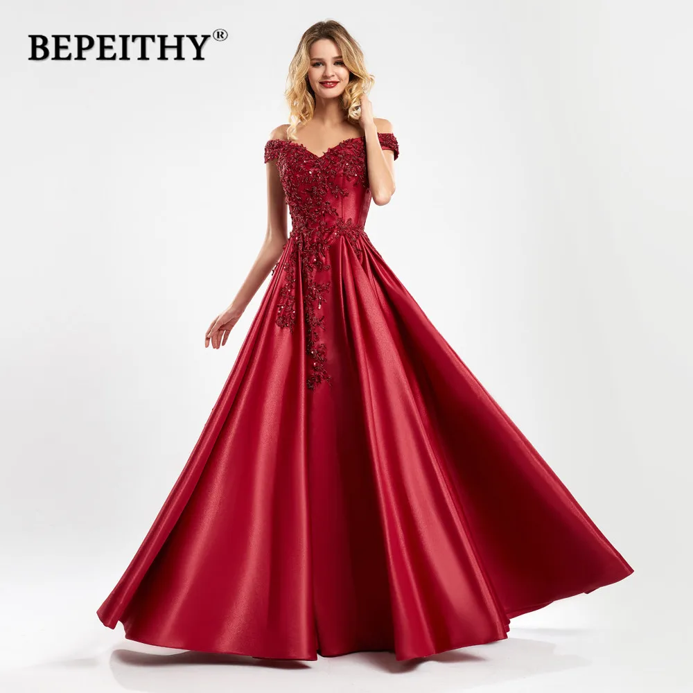 BEPEITHY Customized Off The Shoulder Red Long Evening Dress For Women Elegant Lace Bodice A-Line Plus Size Prom Dresses 2023