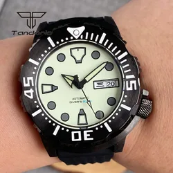 Tandorio Full Green Luminous Wristwatch NH36 Week Date 42mm Monster Black Case 20BAR Dive Automatic Men Watch AR Sapphire Glass