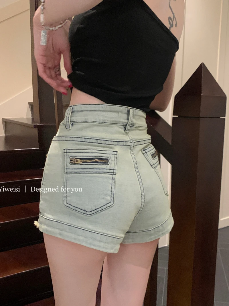 

Slergiri Y2k retro raw trim ripped jean shorts female summer high waist streetwear zipper pockets casual denim shorts for women