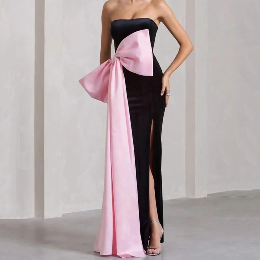 Flechazo Sexy Abendkleid mit seitlichem Schlitz, trägerlos, ärmellos, Satin mit Schleife, bodenlang, für Damen, maßgeschneiderte Partykleider