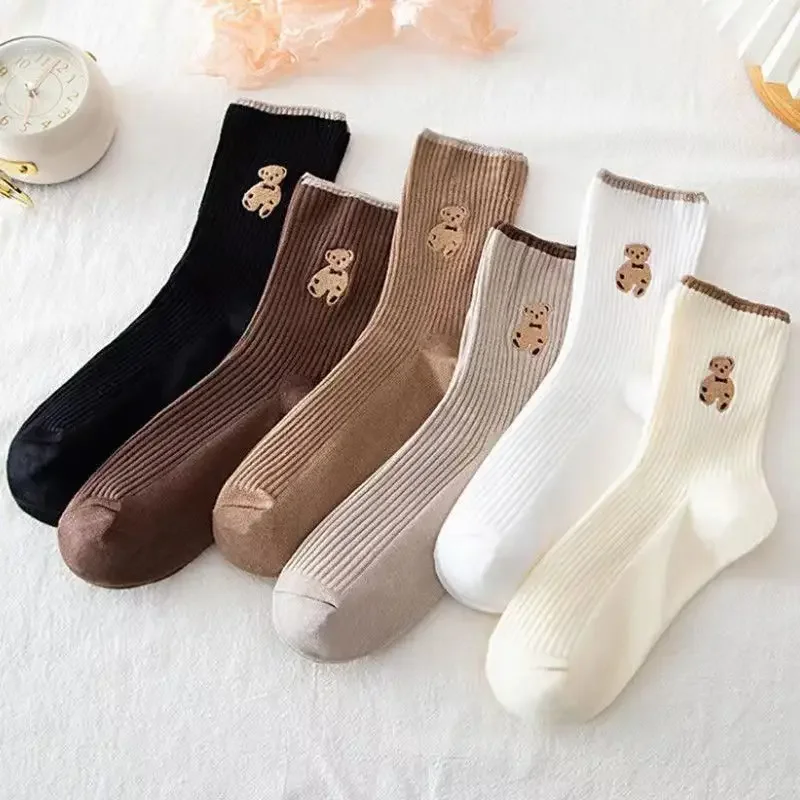 5pairs Cartoon Bear Socks Soft Cotton Socks Autumn Coffee Stockings Kawaii Women Socks Korean Casual Stockings Women Hosiery