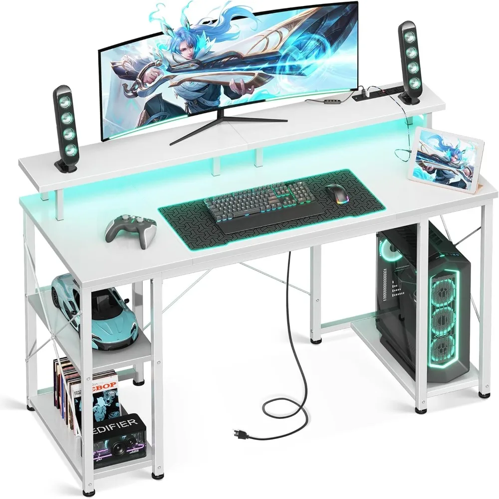 

48 inch gaming table with LED lights and power sockets, computer desk with monitor stand and storage rack, CPU stand