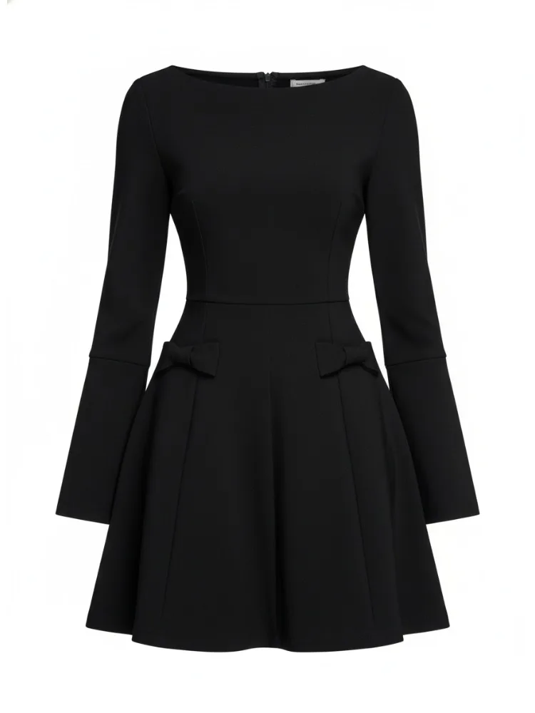 Missuoo Womens' Black Eound Neck Long Sleeves Above Knee Dress Slim Fit High Waist A--line Party Dress Bow Appliqued Mini Dress