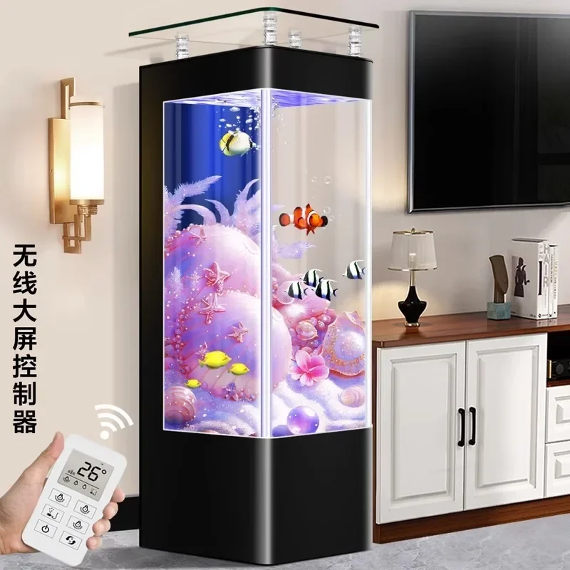 

Light Luxury Fish Tank Living Room Small Integrated Change Water Back Filter Floor Vertical TV Cabinet next to Globe