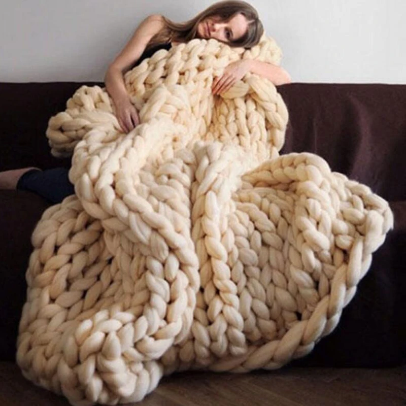 Hand Chunky Knitted Blanket Thick Yarn Merino Wool Bulky Knitting Throw Blankets Throw Carpets Soft Warm Winter Home Sofa Bed