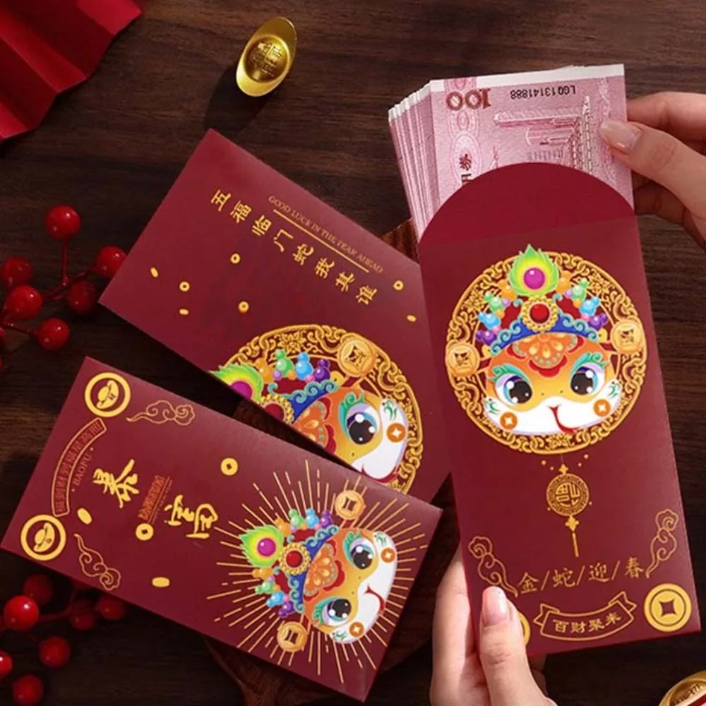 6Pcs Solid Chinese New Year Red Envelope Mixed Pattern Blessings Printing Lucky Money Bag Paper Rectangular Red Packet