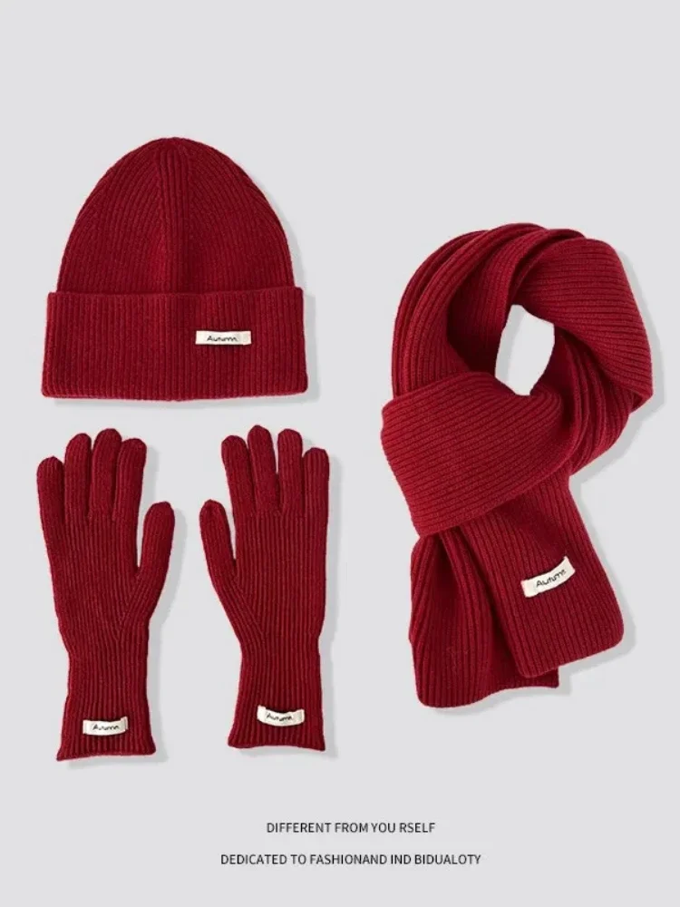 Knitted Winter Scarf Woman Solid Color Hat Scarf Gloves Women's Windproof Adult Three-piece Set Fashion Women's Scarf Hat Set