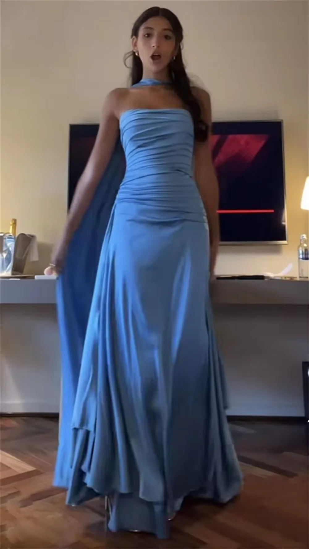Customized Elegant Blue Chiffon Evening Dress Strapless Tight Corset Backless Lace up Long Party Gowns vestido para mujer