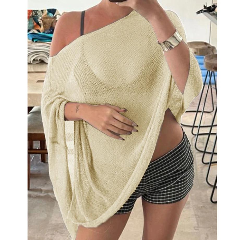 

2025 женские летние прозрачные сетчатые топы с одним открытым плечом, модная однотонная трикотажная футболка с рукавами «летучая мышь» и вырезом на шее