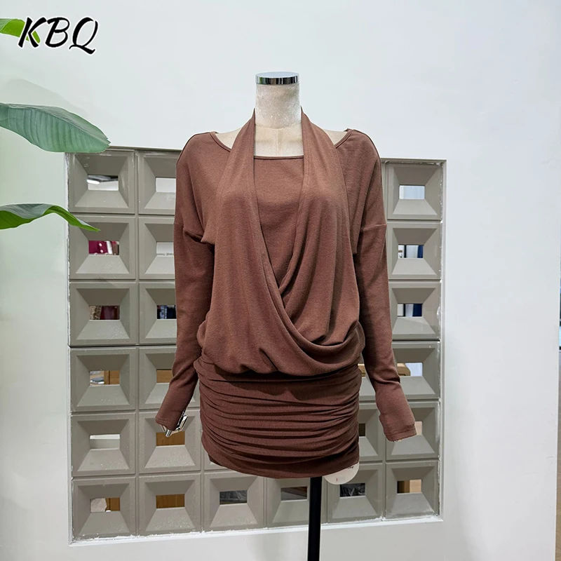 

KBQ однотонные свободные минималистичные платья со складками для женщин, темпераментное искусственное вечернее платье с лямкой на шее и длинными рукавами, женская мода