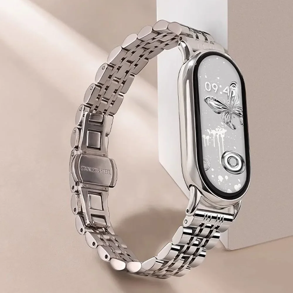 Pulseira de metal para xiaomi band 10 9 8 cinto de luxo aço inoxidável mi band 9 pulseira miband 8 pulseira acessórios cinto