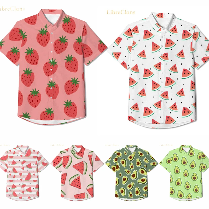 2025Funny Watermelon Print Hawaiian Shirts Men’s Clothes Casual Short Sleeve Fashion Summer Beach Man Shirts Blouses Button Tops