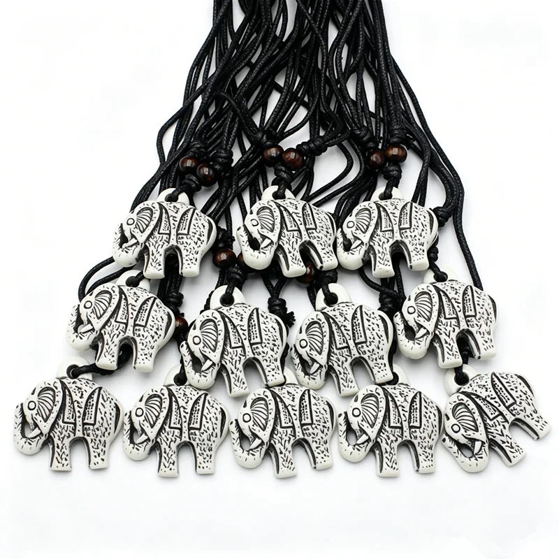 RUEMOY 12Pcs Full Tribal Grain Elephant Pendant Necklaces, Resin Faux Bone, 2 Colors, Adjustable Wood Bead Black Braided Cord
