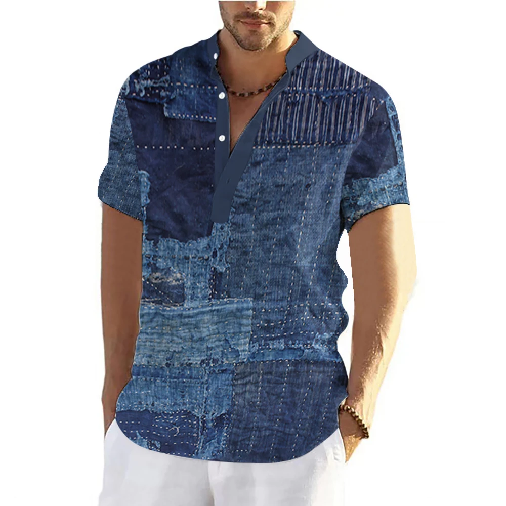 Color Block Patchwork 3D Print Henley Shirts Men\'s Vintage Button Stand Collar Short Sleeve T Shirt Male Tees Tops Man Clothing