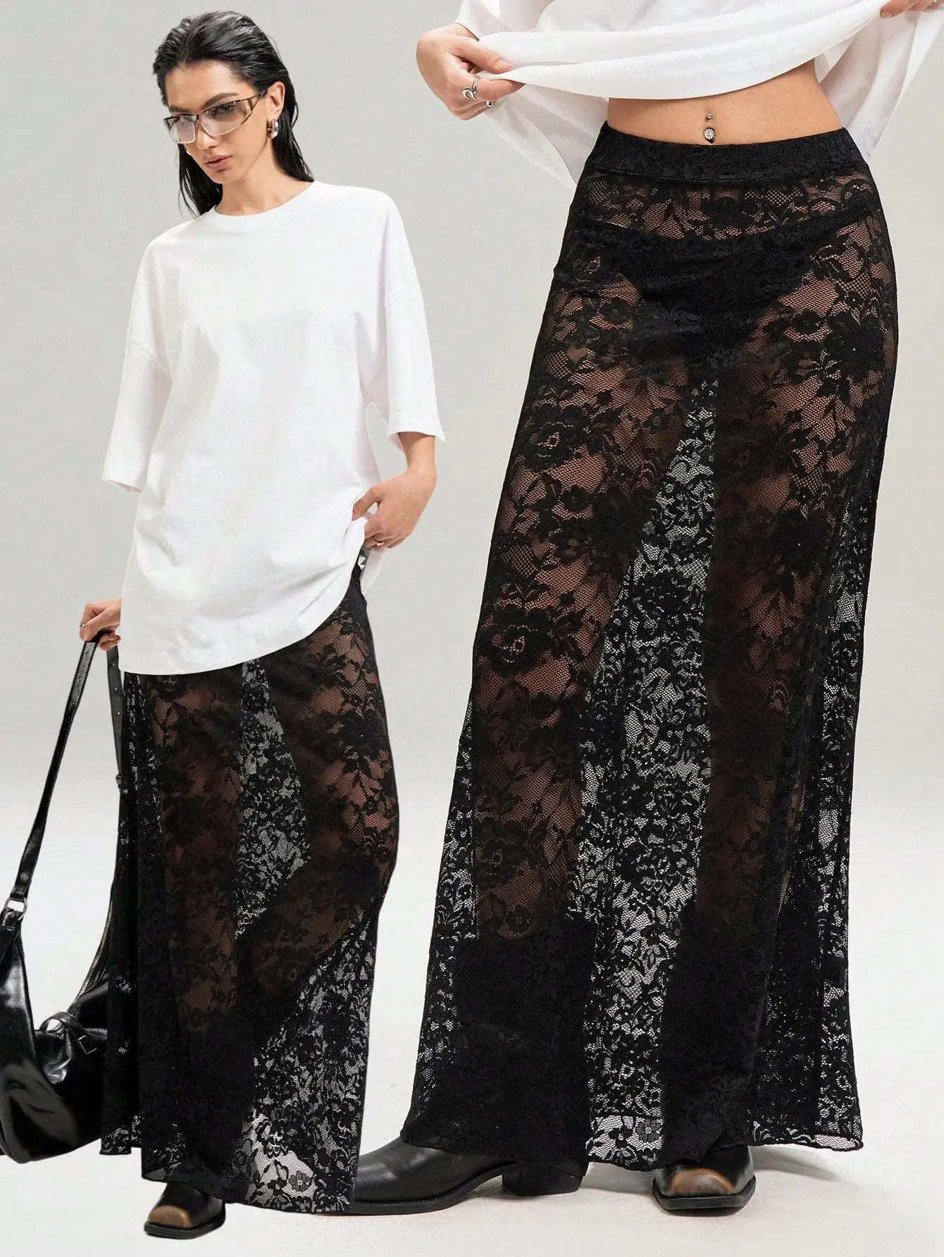 BKLD Black Skirts 2026 Summer New Women Clothing Solid Color Slim Bag Hip Streetwear Fashion See-Through High Waist Lace Skirt