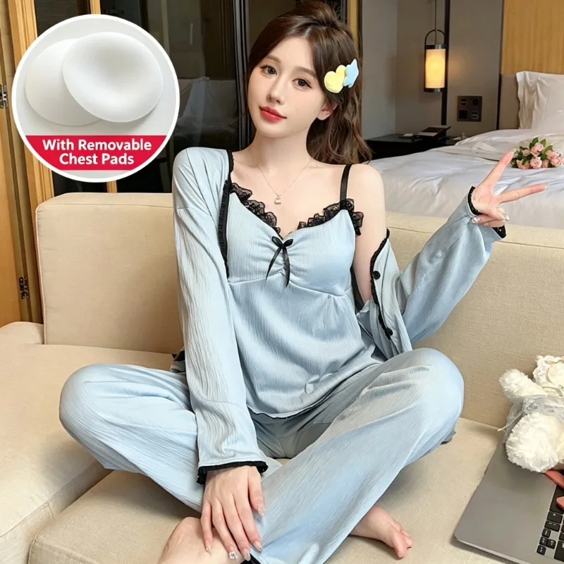 Large Size 3 Piece Pajama Set with Chest Pads Oversized Loose Korean Casual Sleepwear Loungewear Autumn Soft Solid Pajama Suit