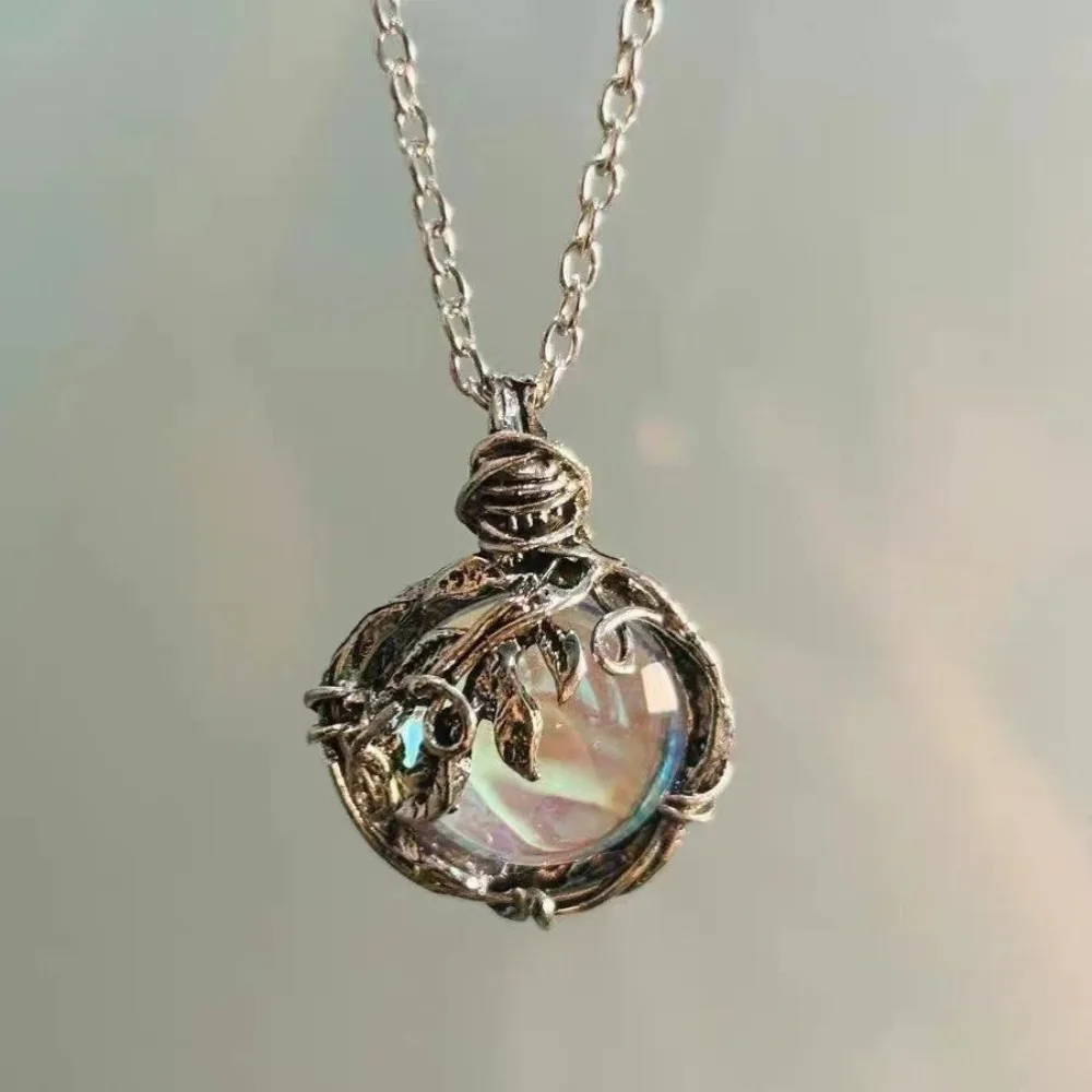 Vintage Vines Wrapped Crystal Pendant Necklace Iridescent Round Stone Gothic Forest Witchy Aesthetic for Women Neck Jewelry Gift