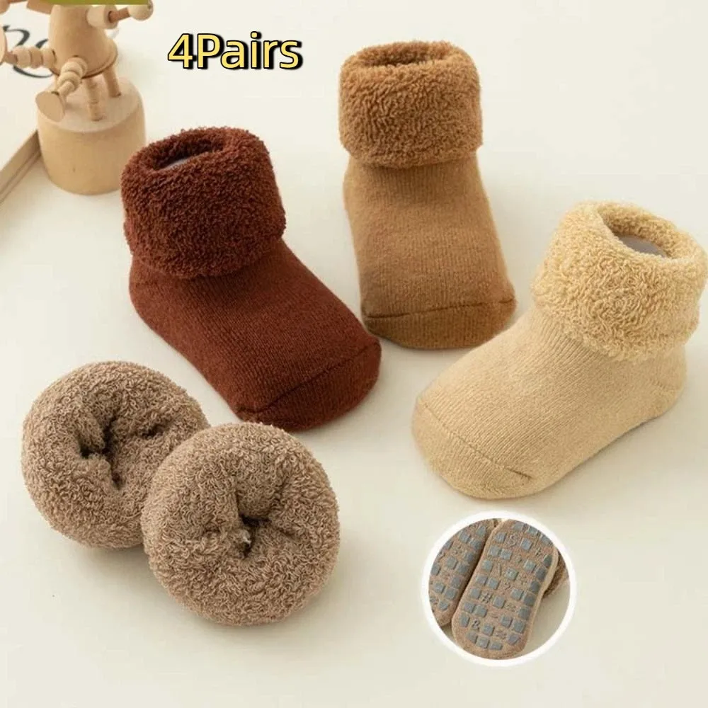 4Pairs Solid Color Thicken Baby Socks Anti-slip Winter Autumn Infant Learning Walk Socks Baby Hosiery Warm Home Sleep Socks