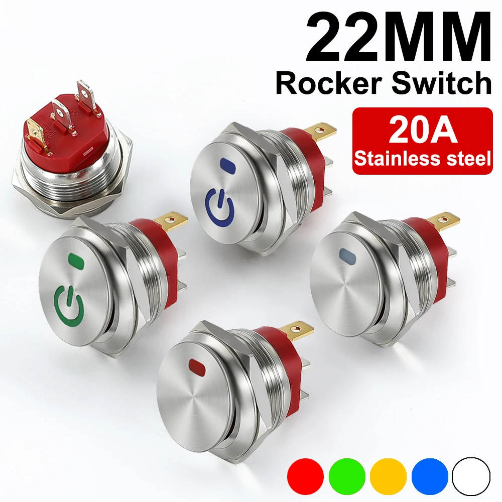 

22mm Metal Button Rocker Switch Stainless Steel 12V 20A Self-locking Two Positions Car Toggle Switches ON-OFF 220V 15A 3 Pins