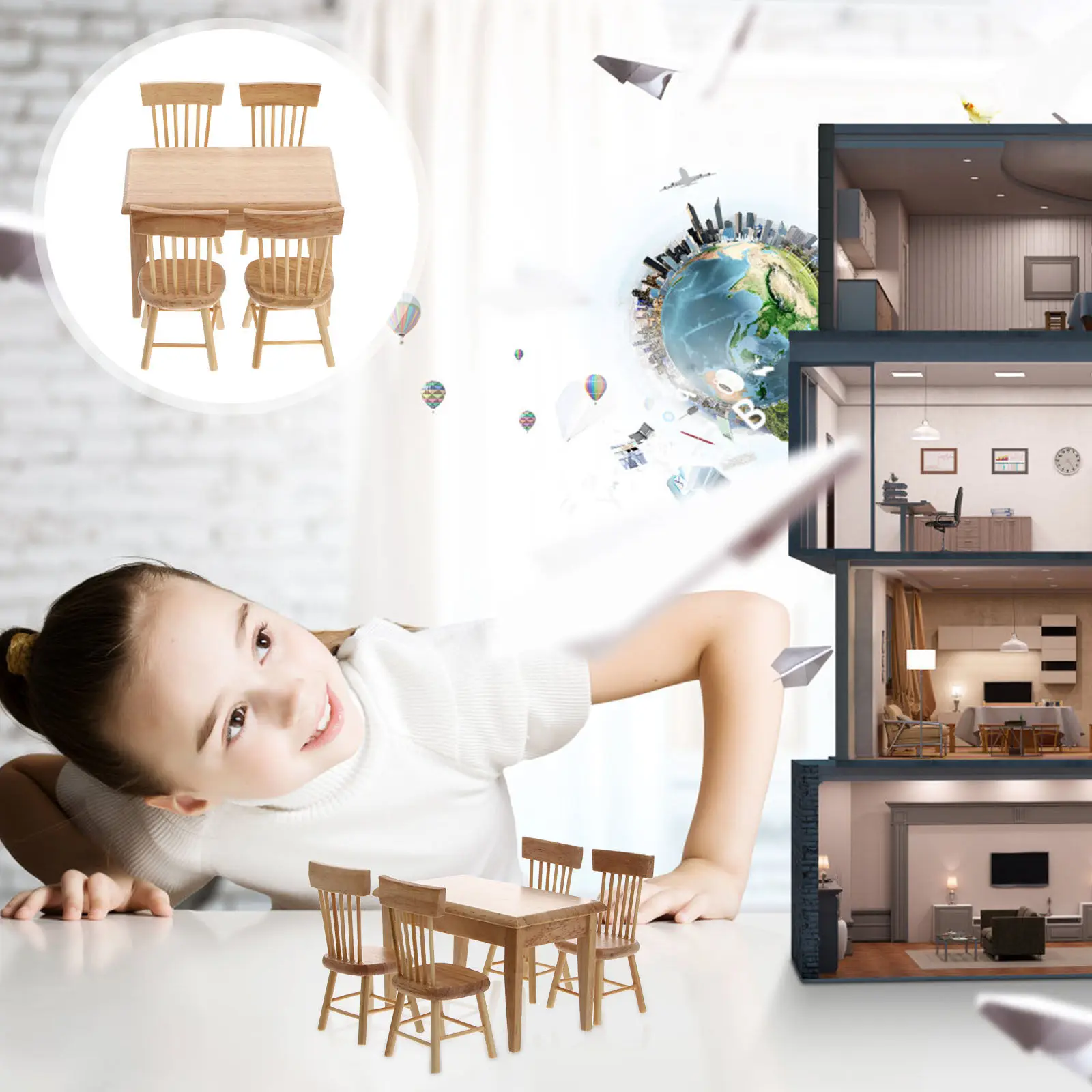 

Набор из 5 миниатюрных стульев и стола для кукольного домика, деревянная мебель для гостиной, декор интерьера, 102x65x65 см, стол 4x85 см