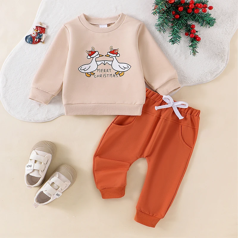 

Toddler Boys Christmas Outfits Letter Santa Hat Duck Print Long Sleeve Sweatshirts and Long Pants 2Pcs Clothes Set