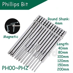 Phillips Screwdriver Bit PH00~PH2 Magnetic 4mm Round Shank S2 Steel 40/80/100/120/150/200mm Length Electric Batch Head Repair