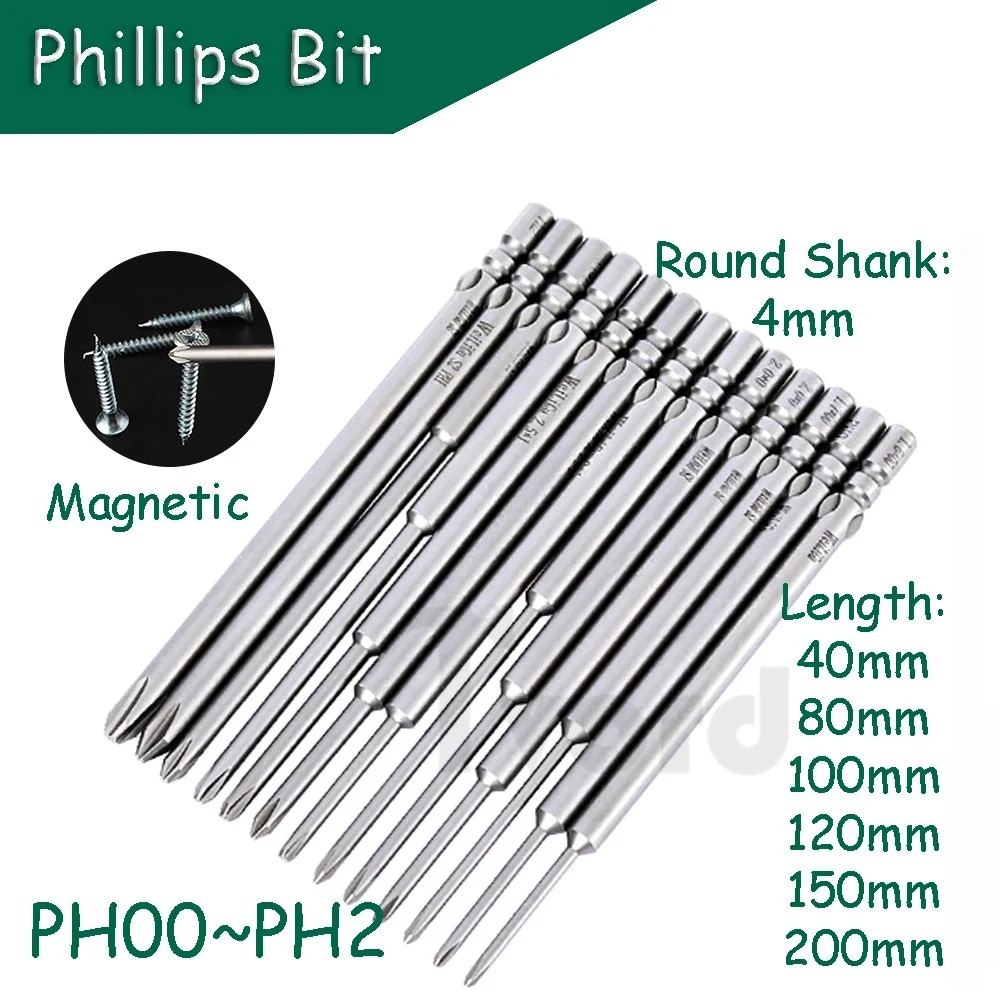 Phillips Screwdriver Bit PH00~PH2 Magnetic 4mm Round Shank S2 Steel 40/80/100/120/150/200mm Length Electric Batch Head Repair