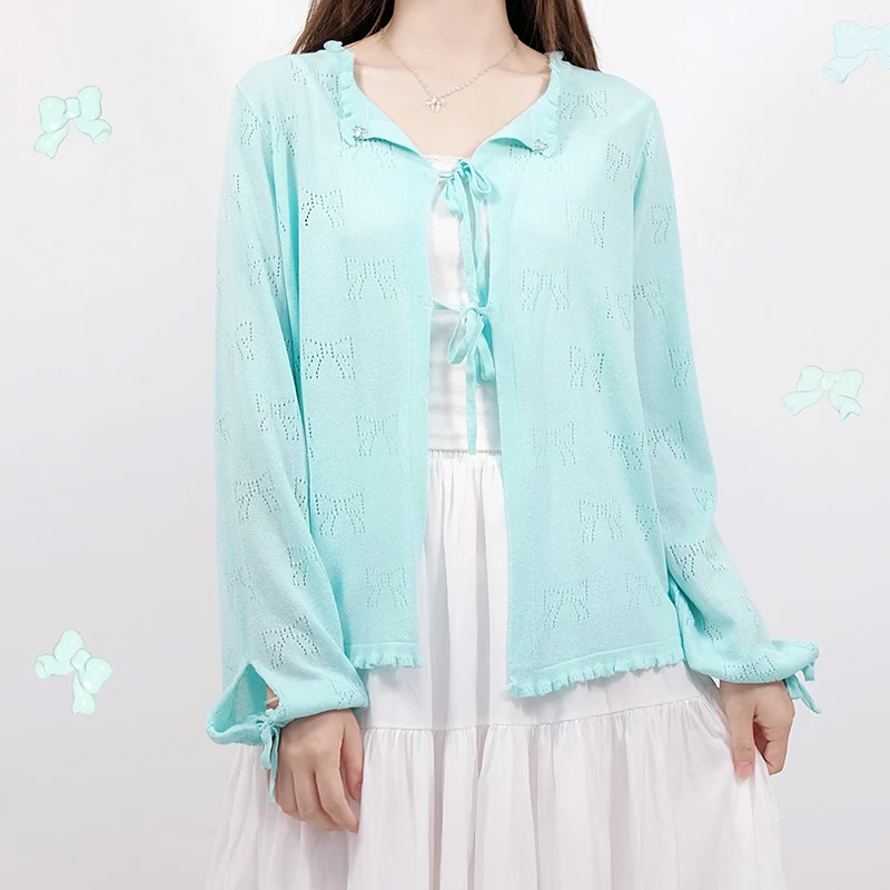 Cardigans de malha fofos femininos verão manga longa formato de arco oco rendas até tops soltos para meninas doces roupas kawaii