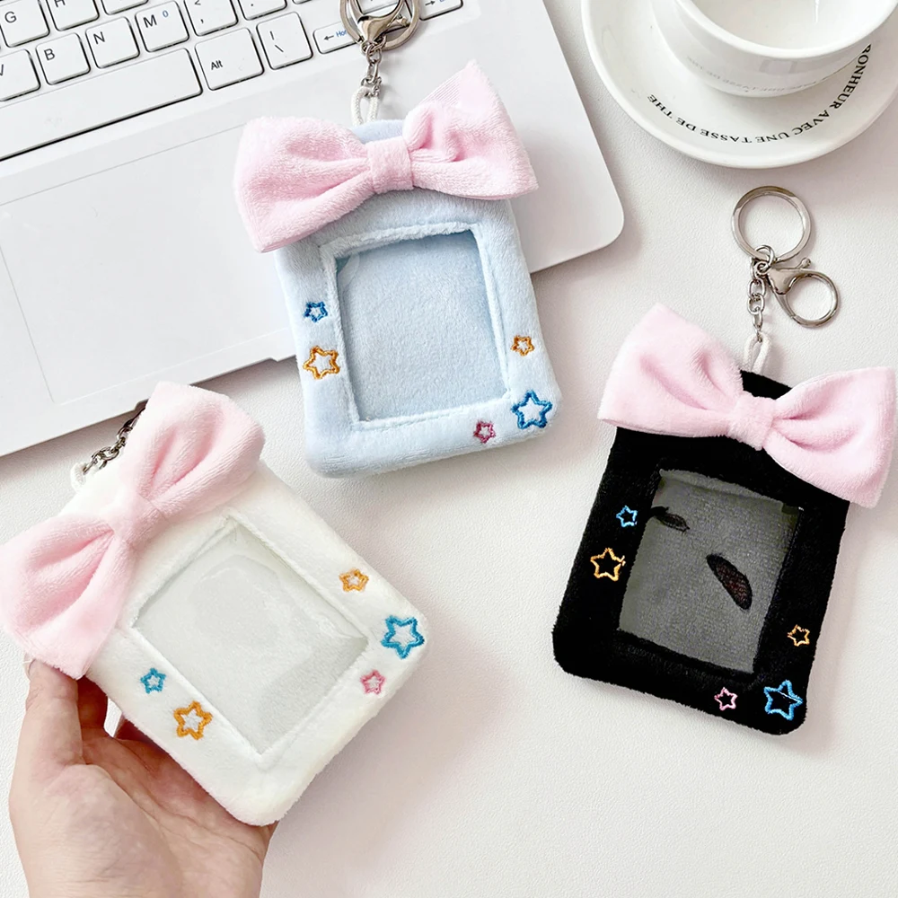 Cute Bow-tie Plush Kpop Photocard Holder With Keychain Cartoon Photo Sleeve ID Bank Credit Card Holder Protector Stationery