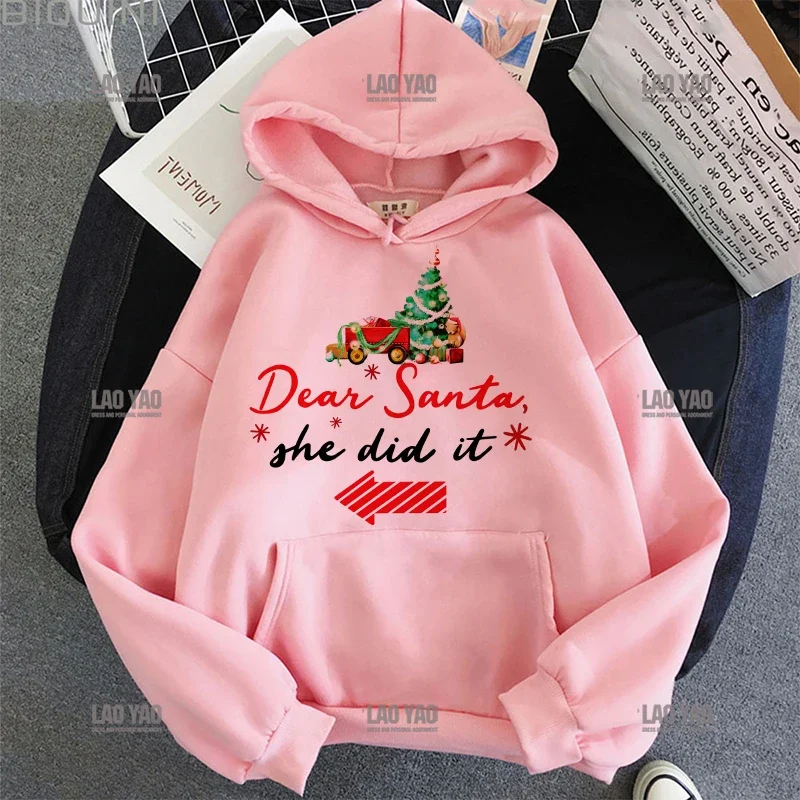 Merry Christmas Hoodie Streetwear Harajuku Aesthetic Pink Tops Hoodies Women 2024 Korea Winter Fashion Y2k Christmas Sweatshirt