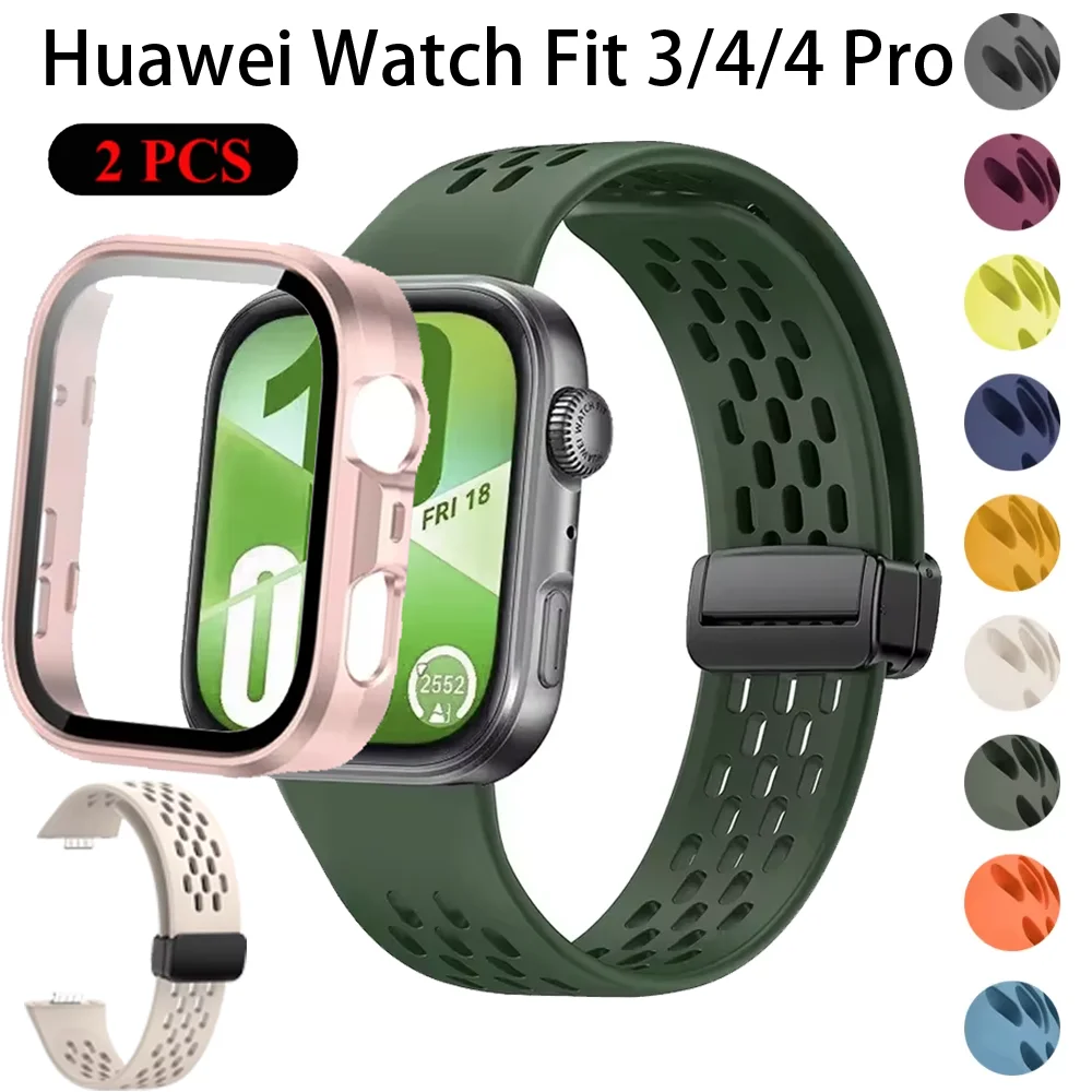 Silicone Strap+Case for Huawei Watch Fit 4 Pro Sports Breathable Wristband for Huawei Watch Fit 4/3 PC HD Tempered Glass Shell