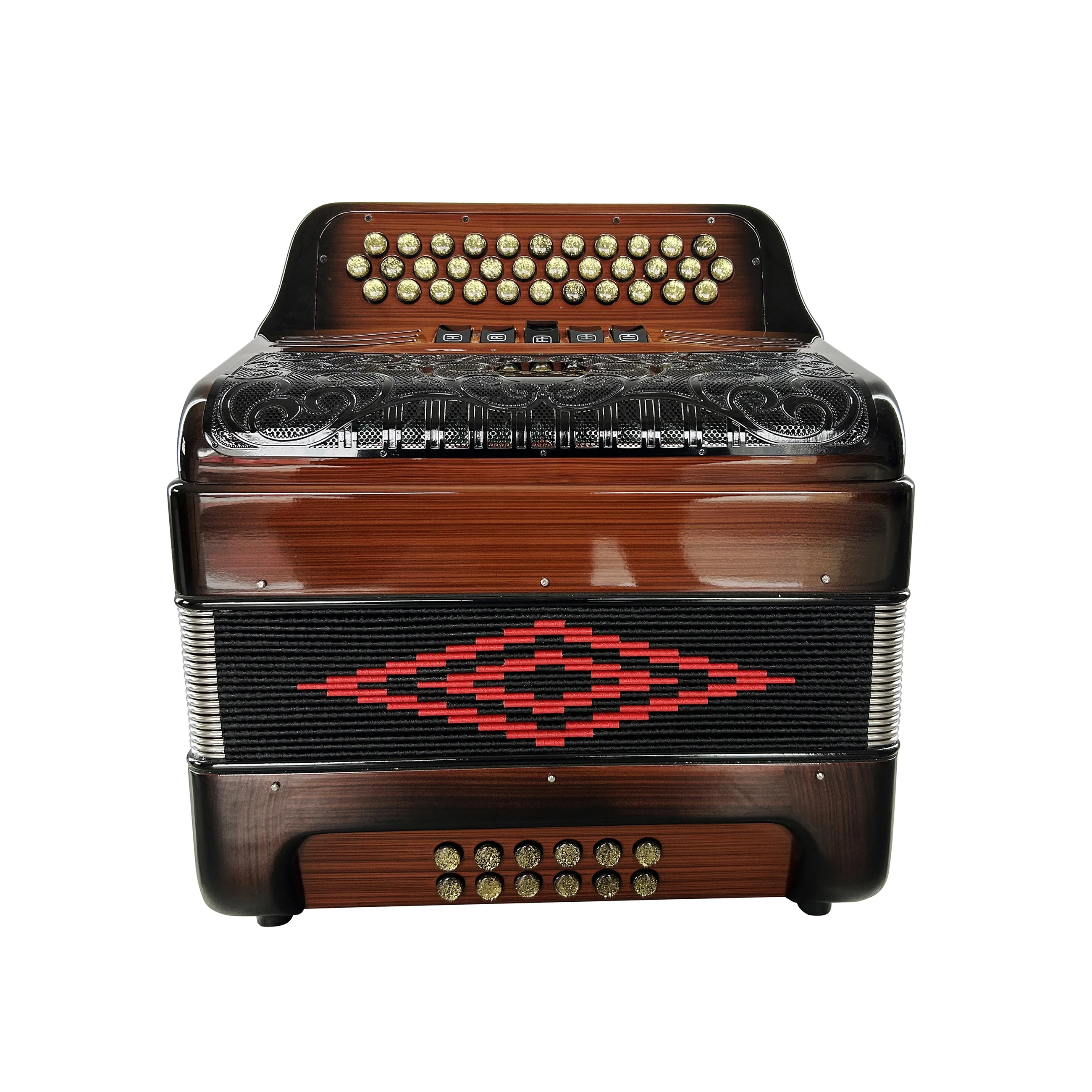 

Professional 34-Button 12-Bass 5-Register Accordion Instrument JB3412D OEM Wood Flame Body Black Grill Gold Buttons