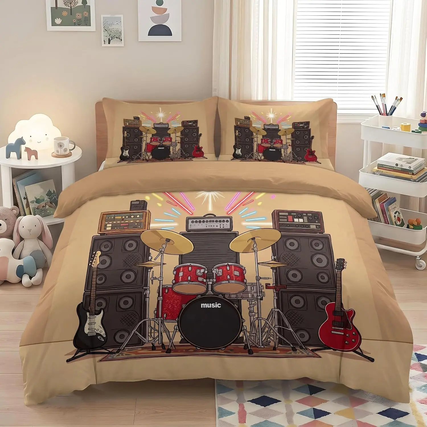 Anime Music King Duvet Set 220x230cm With 2 Pillowcases Drum Kit Guitar Speaker Premium Non Iron Bedding Cover