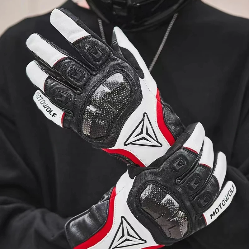 Motorcycle Winter Warm Leather Gloves Thermal Inner Rainproof Windproof Touch Screen Carbon Fiber Protective Gear Guantes Men