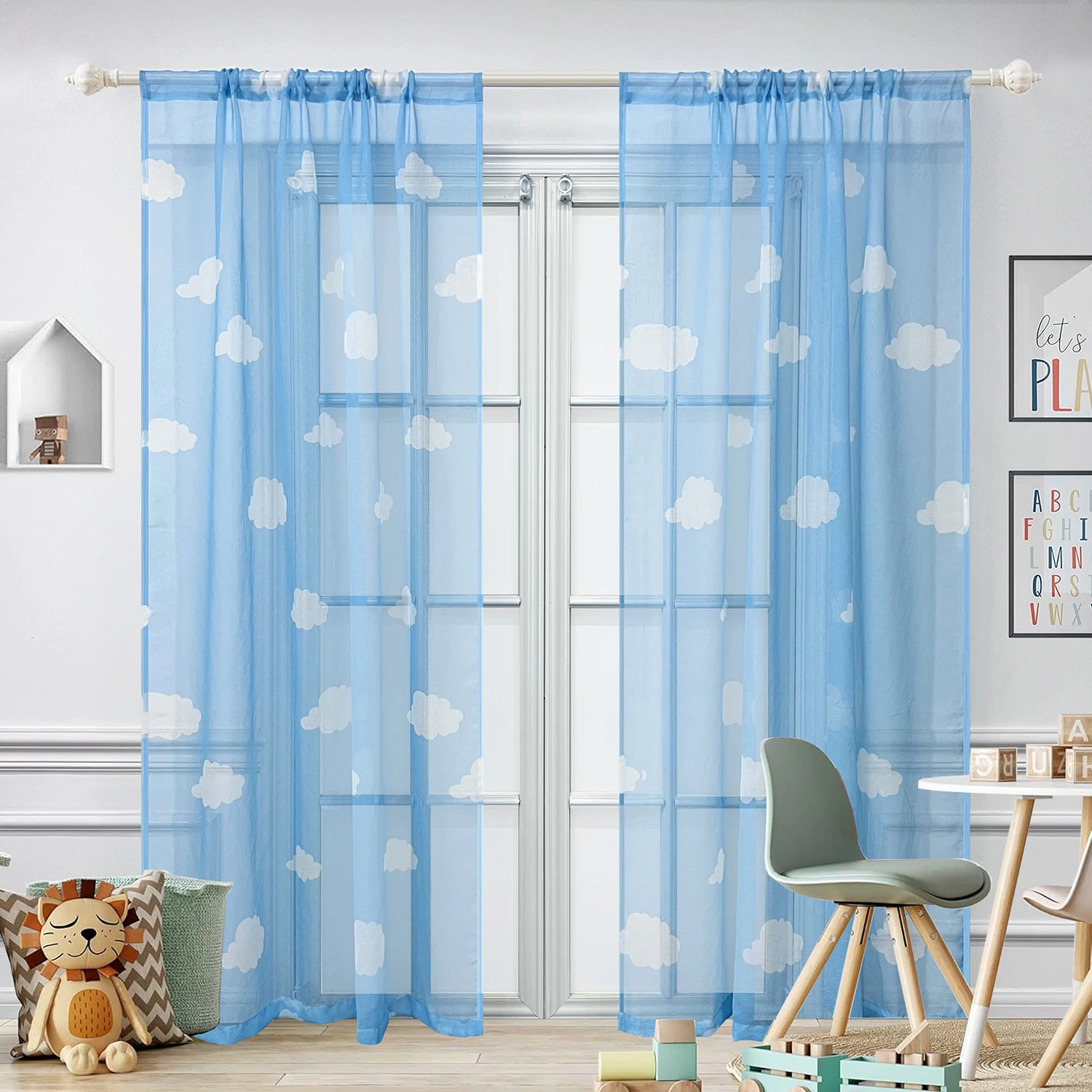 Cute Cartoon Blue Sky Cloud Sheer Curtain For Kids Bedroom, Blue Tulle Curtain For Bedroom Living Room,Curtains for kids Gift
