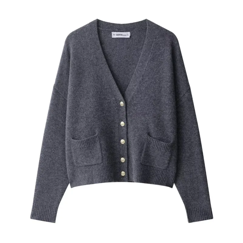 

Women Wool Jacket with Gold Button Knit V Neck Long Sleeve Pocket Women's Coats Casual Elastic Simple Female Jakcets