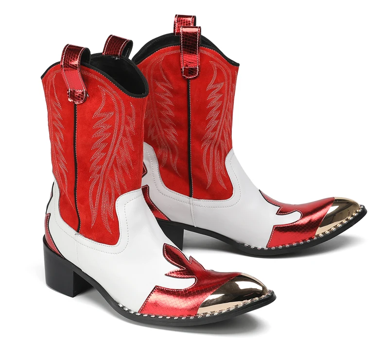 Mode Spitz Männlichen Stiefeletten Plus Größe Party Schuhe Stickerei Cowboy Stiefel Aus Echtem Leder Männer Motorrad Kurze Stiefel – Detail 16