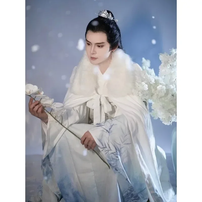 Vestido Hanfu con estampado de bambú blanco Original para hombre, traje de Cosplay con capa cálida de estilo chino para espadachín, invierno, 2023