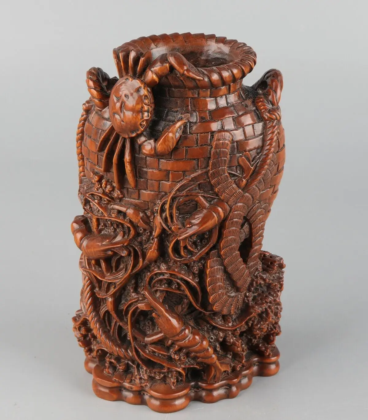 Chinese Exquisite Hand-carved crab shrimp Carving Boxwood Brush pot