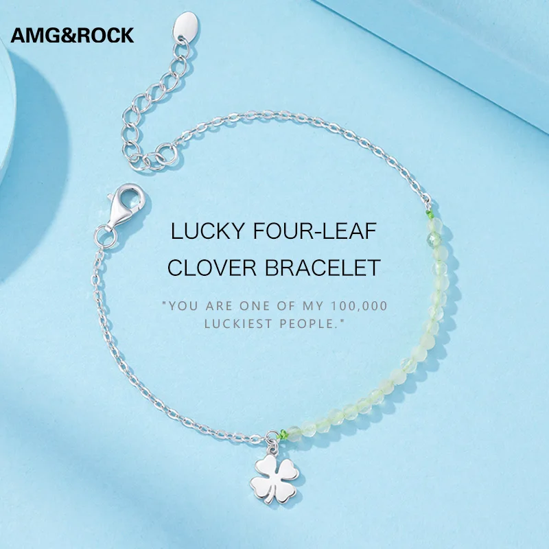 AMGROCK 100% Silver Four-leaf Clover Bracelet With Green Crystal Beads, Small, Fresh and Vibrant Girlfriend Gift