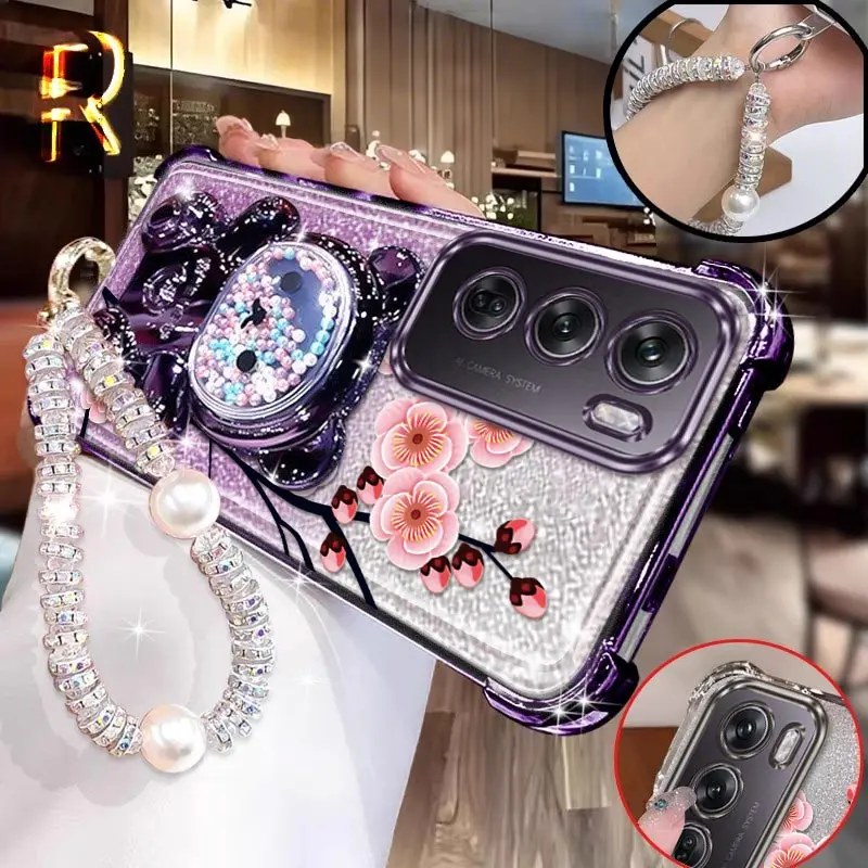 

Reno12Pro Ярко-розовые цветы Браслет-держатель Чехол для телефона для OPPO Reno 13Pro 12F 9 10 11 12Pro 13 11F 11Pro 12 13F 10Pro Cover