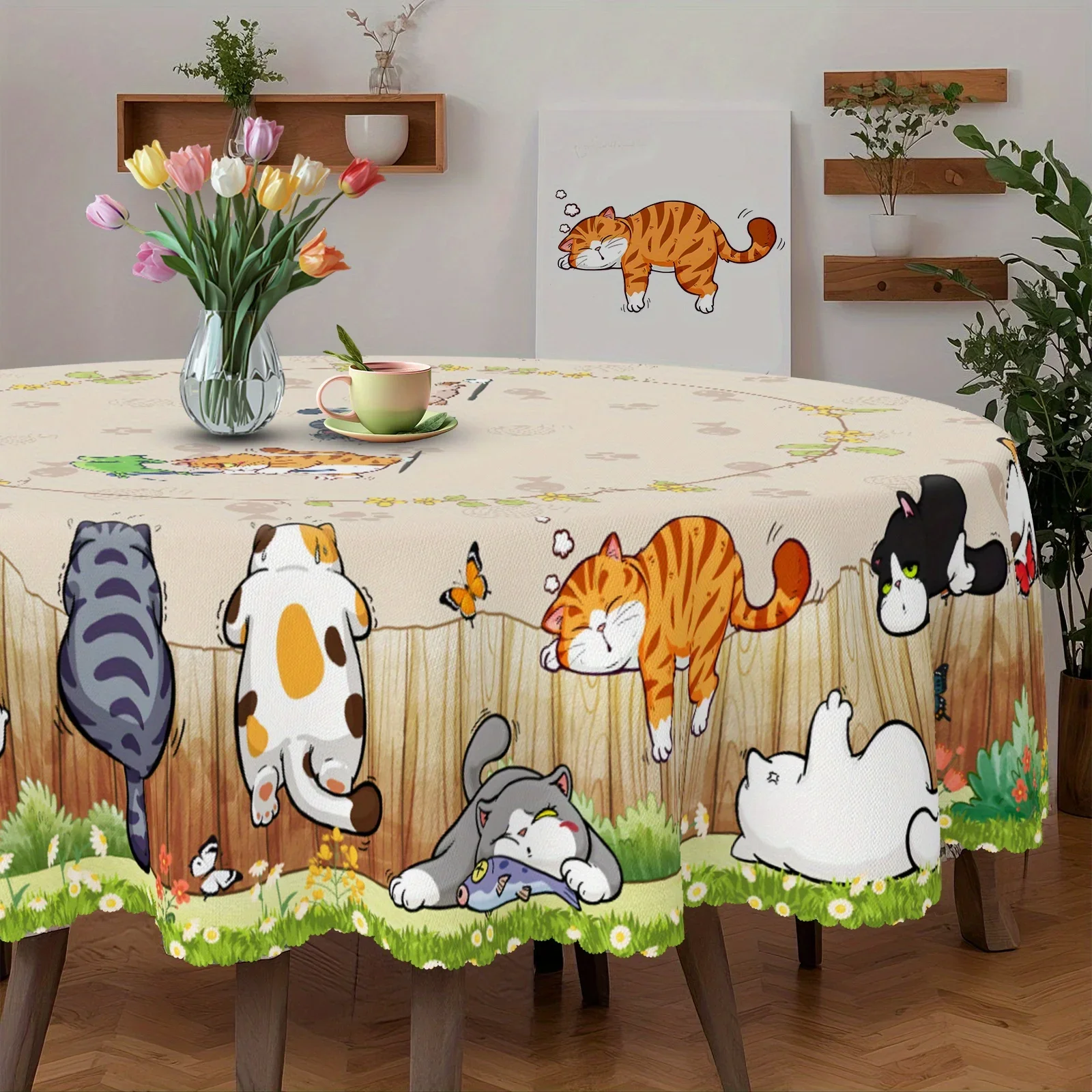 Cat tablecloth, featuring cute little cat paws and floral butterfly designs. An ideal gift for cat lovers.xzj