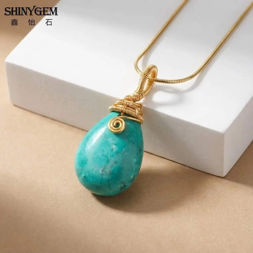 SHINYGEM Natural Turquoise Pendant Handmade Wire Wrapped Waterdrop Gemstone Blue-Green Necklace for Women Jewelry