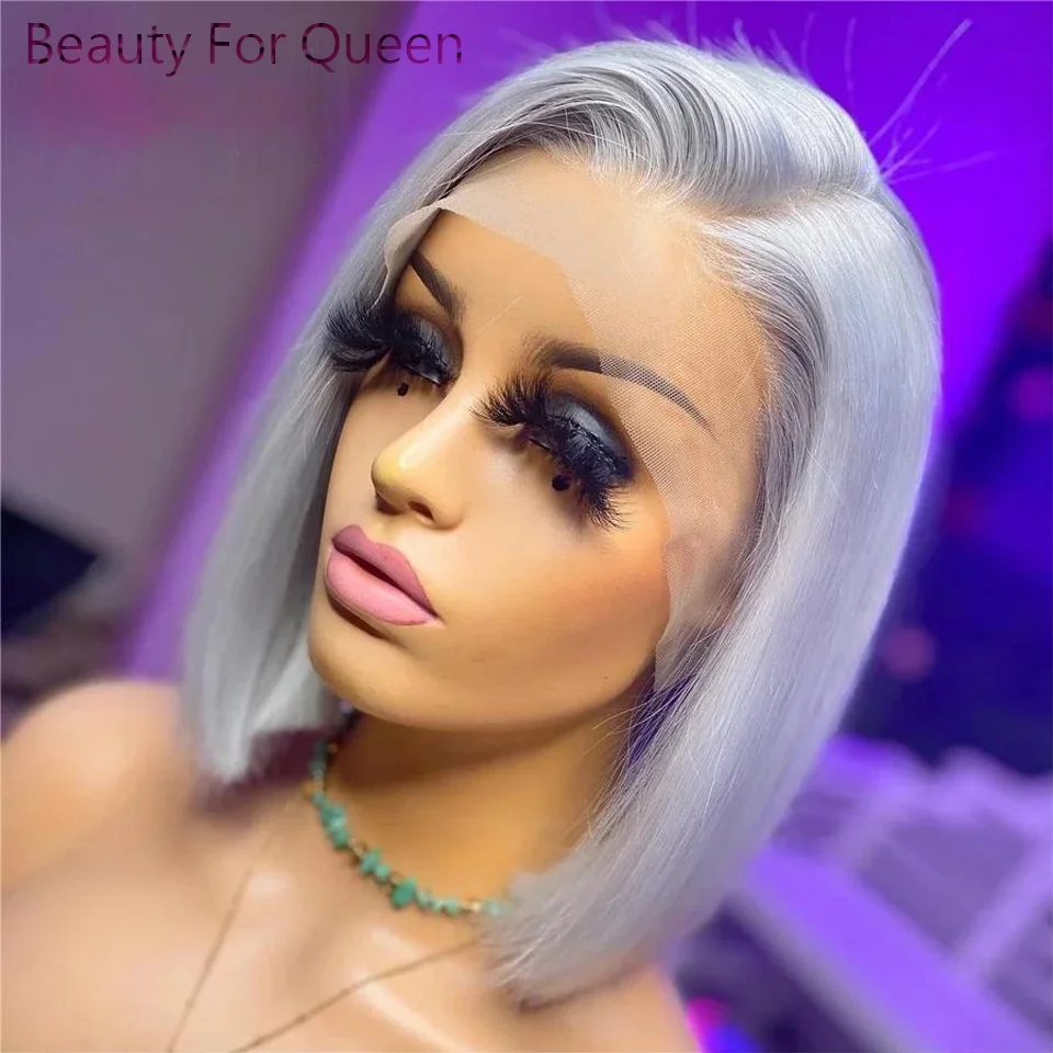 Perruque Bob Lace Front Wig Brésilienne Naturelle, Cheveux Courts Gris Argent Transparent, 13x4, 13x6, pour Femme